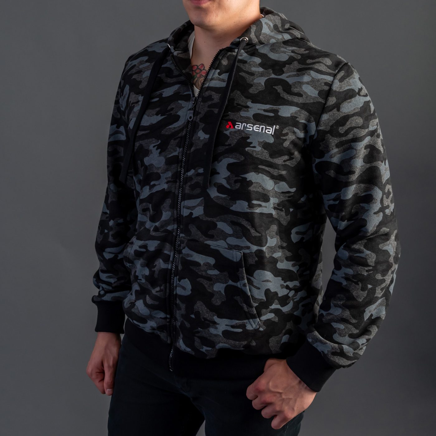 Black Camo Cotton-Poly Relaxed Fit  Zip-Up Hoodie