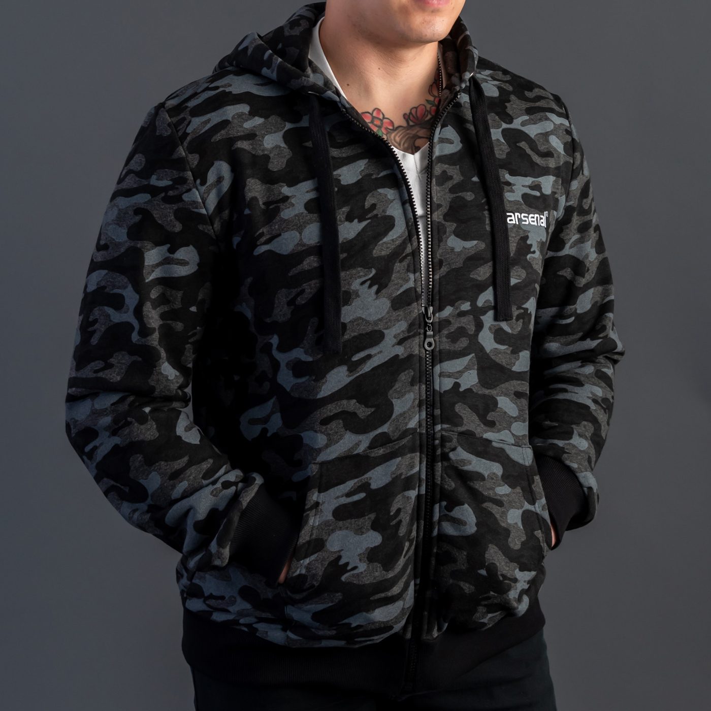 Black Camo Cotton-Poly Relaxed Fit  Zip-Up Hoodie
