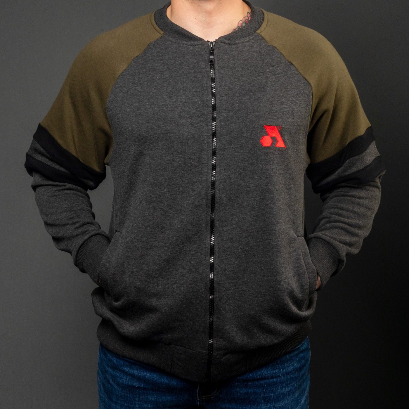 Gray / Khaki Cotton-Poly Standard Fit Classic Crew Zip-Up Jacket