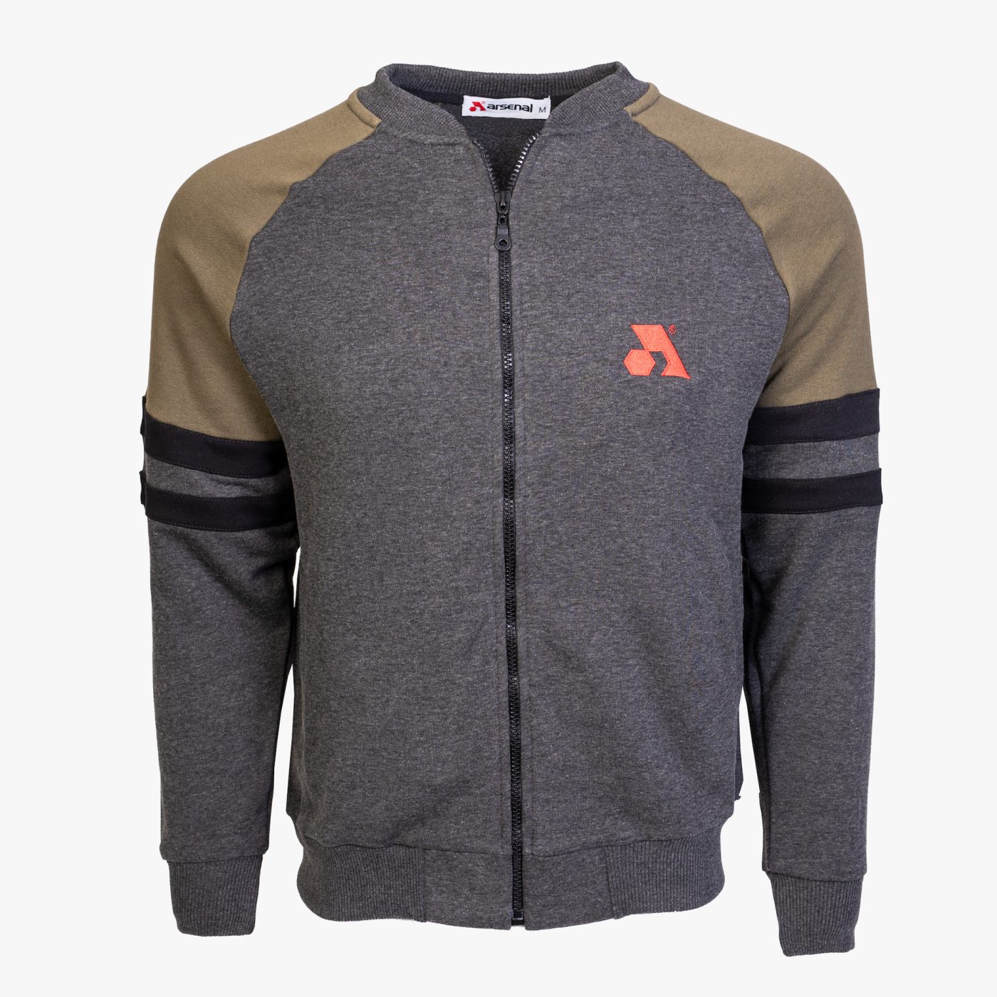 Gray / Khaki Cotton-Poly Standard Fit Classic Crew Zip-Up Jacket